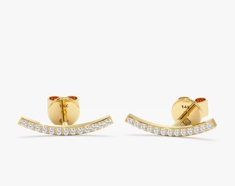 14k Gold Diamond Curved Bar Earrings, Stud Earrings Set, Buy As Pair or Single Stud, Mini Diamond Bar Studs, Dainty Solid Gold Studs, Ava
