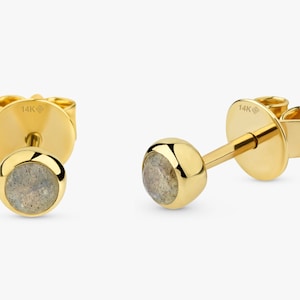 Solid Gold Labradorite Earrings, 14k Gold Studs, Gemstone Earrings, Bezel Set Studs, Solitaire Earrings, Rose, White, Yellow Gold, Vienna