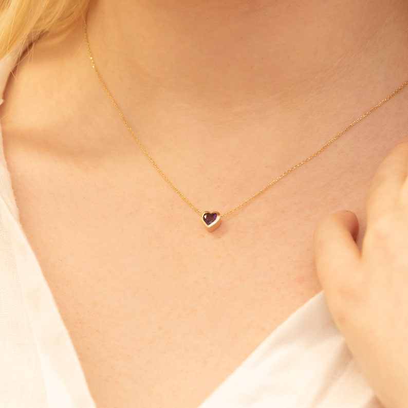 14k Gold Amethyst Necklace, Heart Necklace, Heart Shape Natural Gemstone, Solid Gold Necklace, Birthstone Necklace, Layering Necklace, Ashly image 7