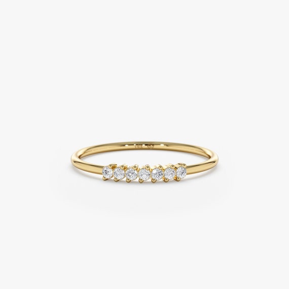 14k Gold Dainty Diamond Ring, Minimalist Diamond Ring, 2 prong set 7 Diamond Ring, Stackable Ring, Diamond Wedding Ring, Thin Band, Freya