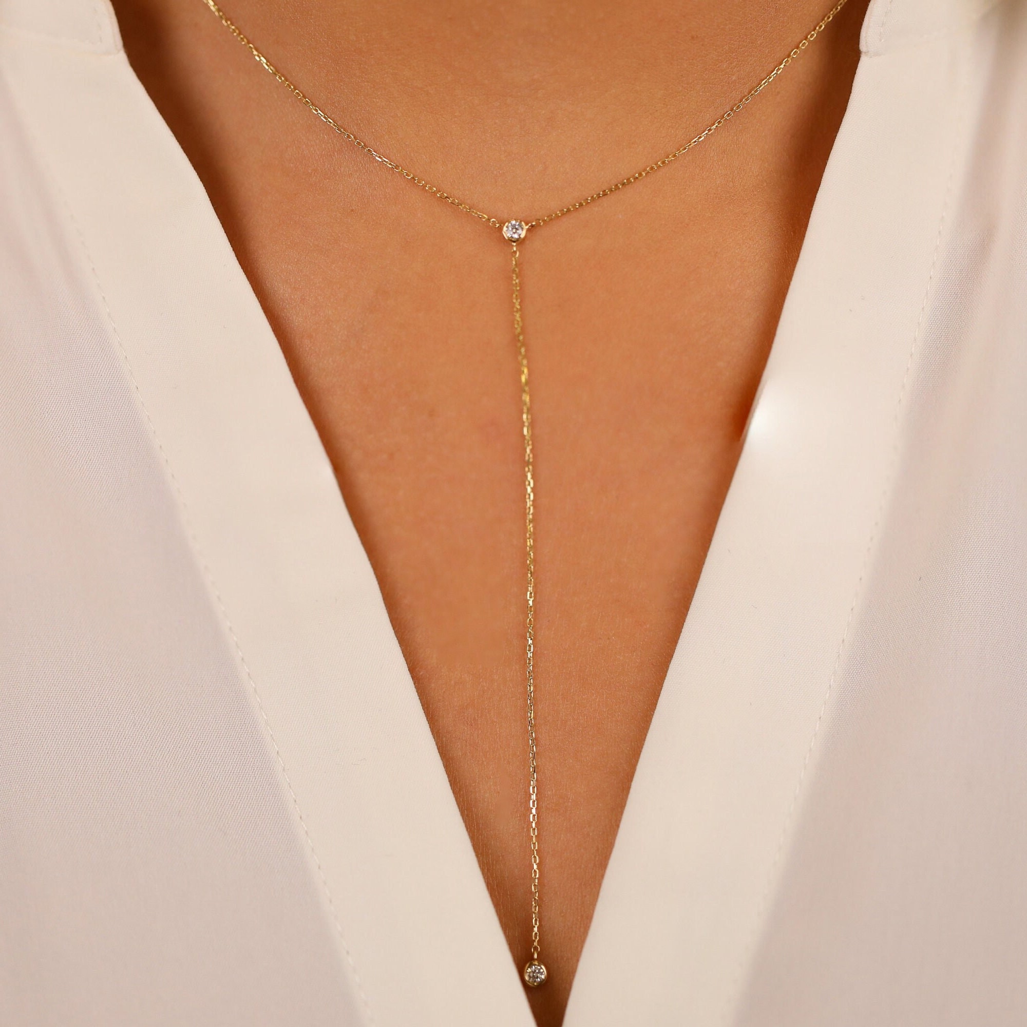 14k Diamond Lariat Necklace Y Necklace 14K White Yellow Rose