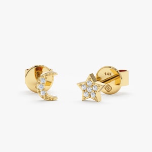 Diamond Moon and Star Stud Earrings, Mini Crescent Stud, Small Star Earrings, 14K White, Yellow, Rose Gold, Small Celestial Earrings, Astrid