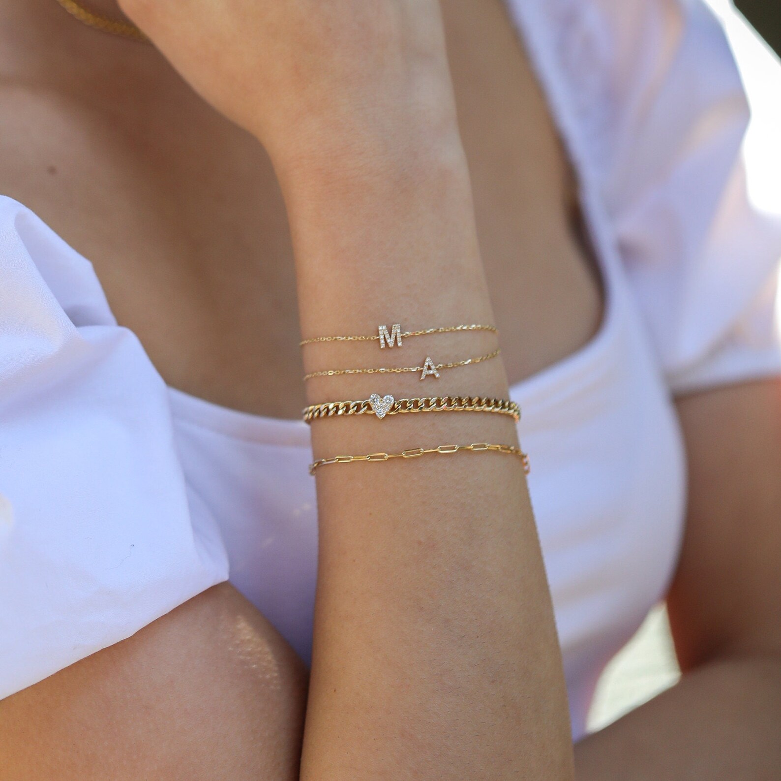 14K Personalized Mini 2 Initial & Diamond Bracelet main image 1