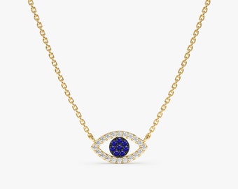 14k Diamond Evil Eye Necklace, 14K White, Yellow, Rose Gold, Dainty Diamond Necklace, Evil Eye Charm, Sapphire Necklace, Lucky Eye, Paisley