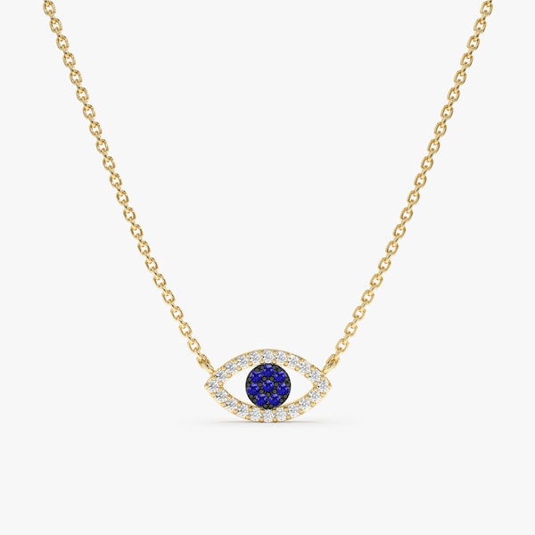 14k Diamond Evil Eye Necklace, 14K White, Yellow, Rose Gold, Dainty Diamond Necklace, Evil Eye Charm, Sapphire Necklace, Lucky Eye, Paisley