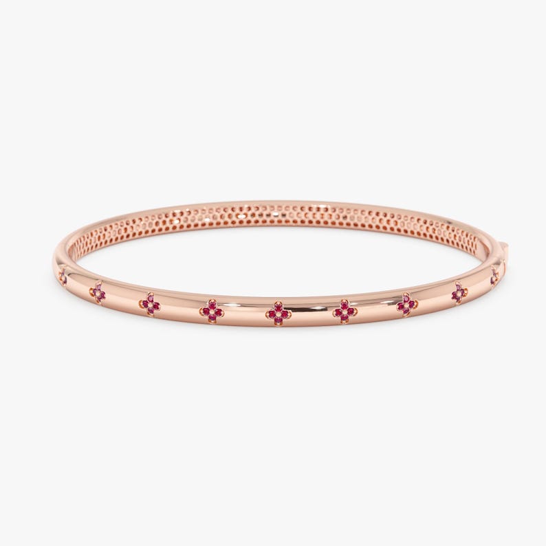 Solid Gold Bangle with Petite Ruby Flowers, Nature-Inspired Fine Jewelry, Raya image 5