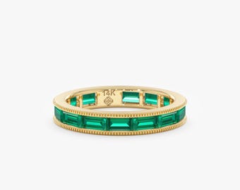 Full Eternity Channel Set Baguette Emerald Ring, Genuine Gold Stackable Ring, May Birthstone, Amoret