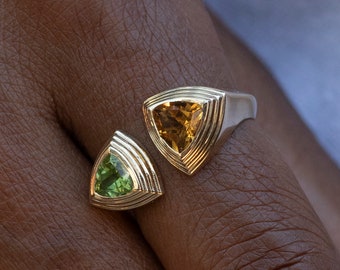 Solid Gold Citrine and Peridot Ring, 14k or 18k Plain Gold Birthstone Ring, Vintage Statement Ring, Fancy Cut Gemstones, Open Ring, Nandin