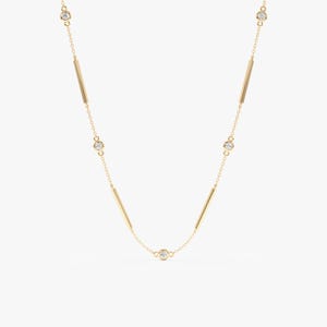 Natural Diamond & Bar Station Necklace, Solid Gold By The Yard Necklace, Modern Dainty Layering Necklace, Everyday Elegant Gift, Meliora