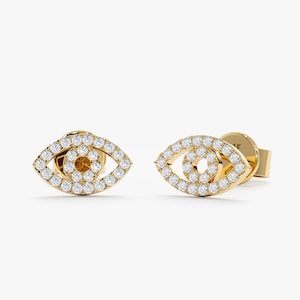 Small Diamond Evil Eye Earrings, 14k Gold Evil Eye Studs, Lucky Eye Studs, White, Yellow, Rose Gold, Evil Eye, Protection Earrings, Ygritte