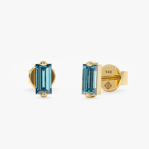 14k Gold Blue Topaz Baguette Studs, London Blue Topaz, Small Gold Studs, December Birthstone, 14K White, Yellow, Rose, Birthstone, Lupita