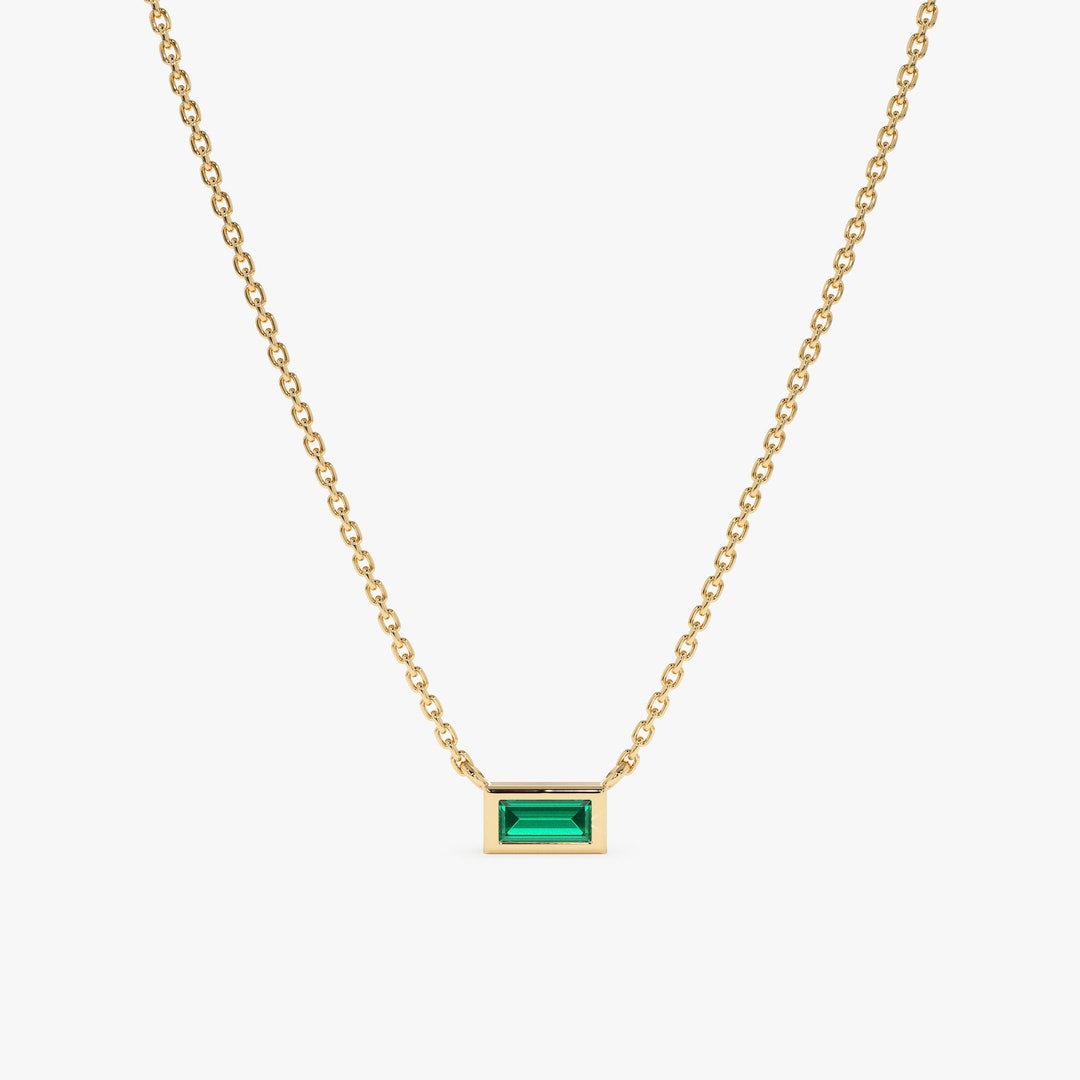 14k Gold Emerald Necklace, Emerald Necklace, Baguette Necklace, Solid ...
