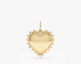 Lab Grown Diamond Heart Dome Charm, 14K Gold Sculptural Puffed Love Medallion Jewelry, Auralithia