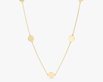 Solid Gold Coin Necklace, Gold Choker Necklace. Gold Disc Charm Necklace, Stationed Charms, Dainty Short Gold Necklace, Layering Necklace,