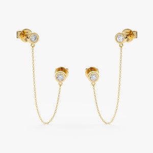 14k Gold Diamond Dangling Chain Earrings, Dainty Bezel Stud, Double Stud on One Ear, Solid Gold Studs, Dainty Stud Earrings, Susie