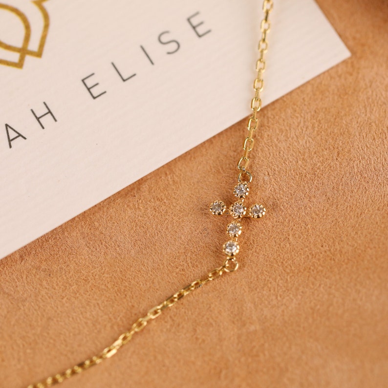 Small diamond cross bracelet 14k solid gold cross charm etsy