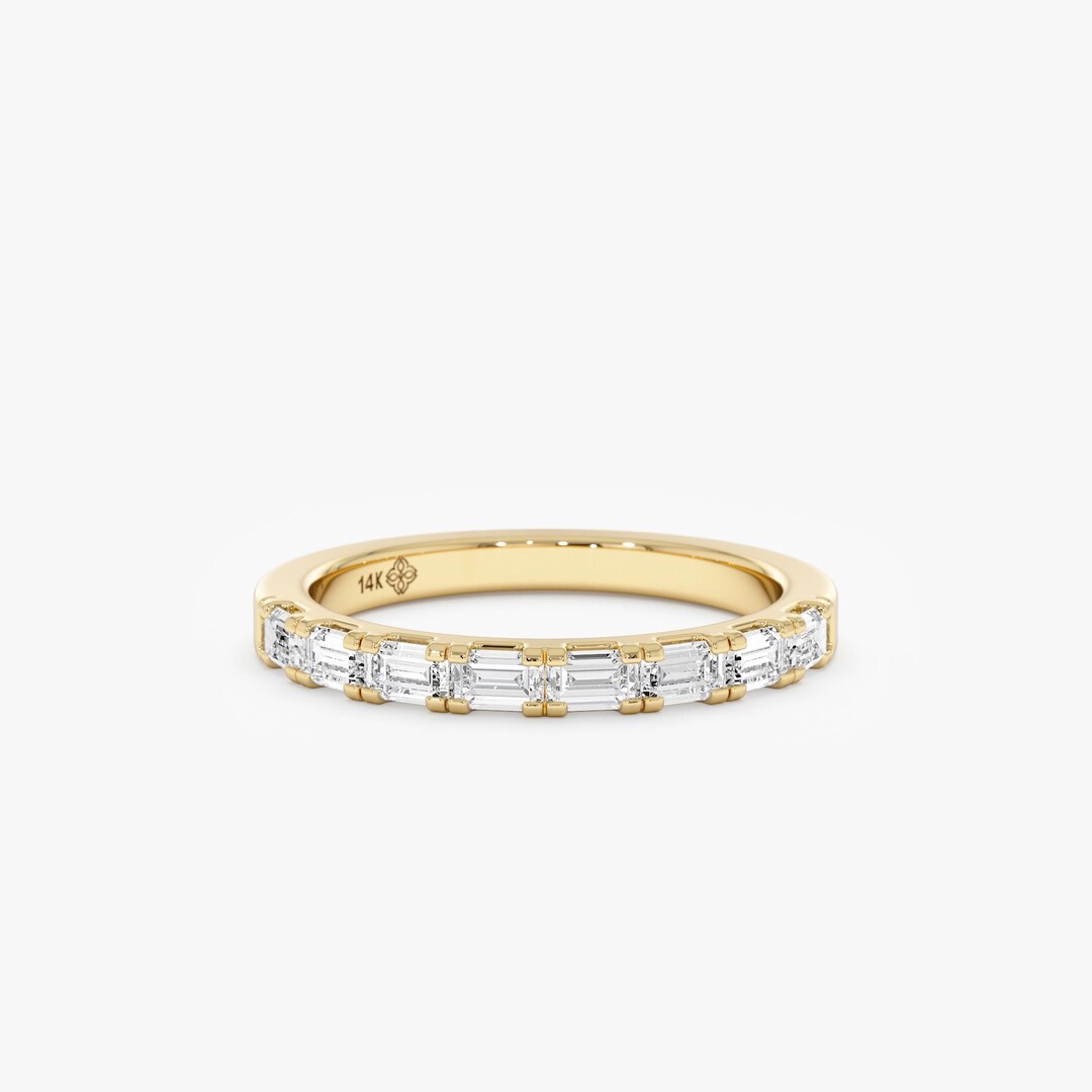 Baguette Lab Grown Diamond Ring, Solid Gold Prong Set Half Eternity ...