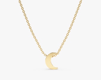 14k Gold Moon Necklace, 14K White, Yellow, Rose Gold, Dainty Crescent Necklace, Minimalist Celestial Choker, Mini Moon Charm Necklace, Luna