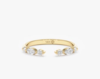 Alternating Lab Grown Diamond Cuff Ring, Spacer Wedding Band, Simple Stacking Ring, Minimalist Bridal Jewelry, 10K, 14K, 18K, Dree