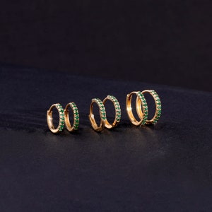 14k Emerald Huggies, Gold Huggies, Solid Gold Mini Hoops, Small Emerald Gold Huggie Earrings, Sold as A Pair, Small Hoop Earrings, Esmeralda image 7