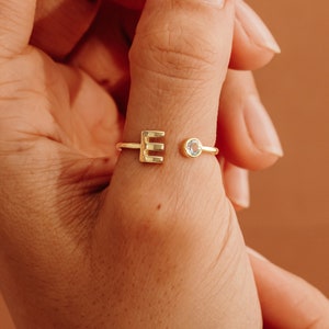 14k Open Cuff Ring With Initial and Birthstone Bezel, Personalized Jewelry, Dainty Initial Ring, Letter Name Ring, Name Gold Ring, Evelyn