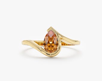 Solitaire Gold Pear Cut Citrine Ring, November Birthstone Jewelry, Zenobia