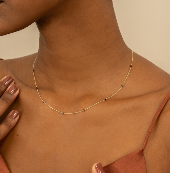 Black Diamond Necklace, Diamond Stations, Diamond Choker, Dainty Gold Chain, Diamond Beads, Handmade, Simple and Beautiful, Genuine, Poppy