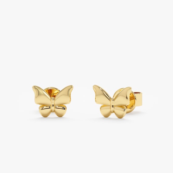 Pendientes de mariposa, precioso par de mariposas, oro macizo de 14 k con  zafiros blancos, pendientes de mariposa diminutos, pendientes de poste de