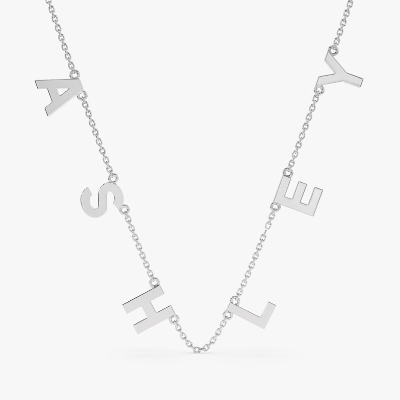 14k white gold name letter charm station necklace