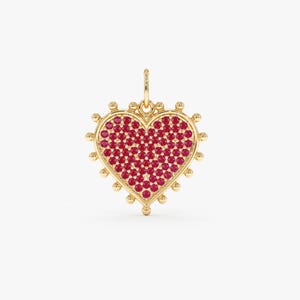 Solid Gold Pave Natural Ruby Heart Charm  with Vintage Beaded Border, Terka