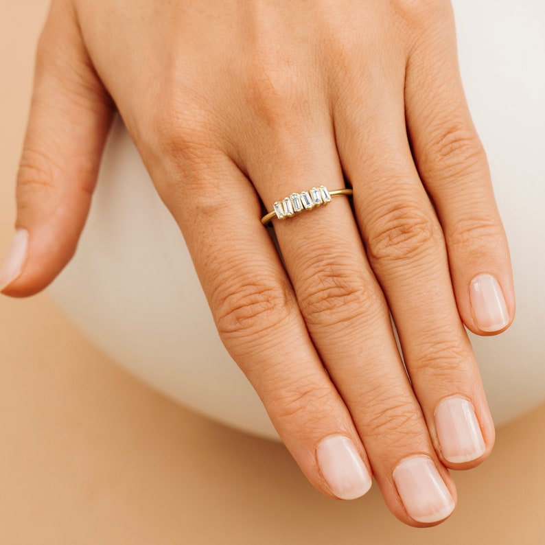 14k Gold Baguette Diamond Ring, Diamond Cluster Ring, Asymmetrical Diamond Setting, 14K Rose, White, Yellow, Minimalist Wedding Ring, Helena image 6