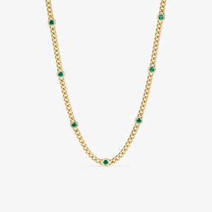 natural emerald cuban chain station necklace in 14k gold