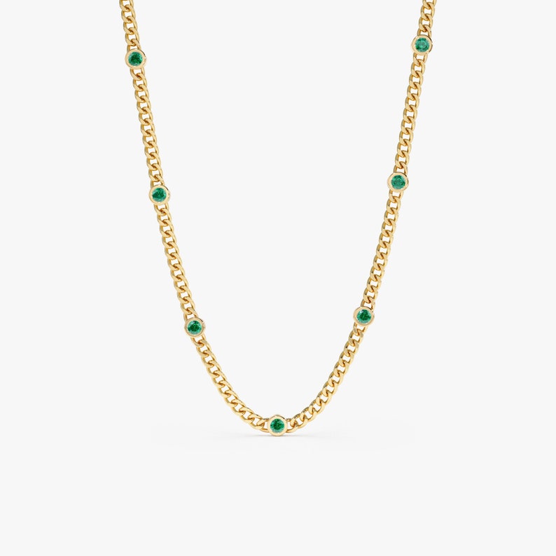 natural emerald cuban chain station necklace in 14k gold