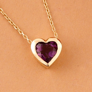 14k Gold Amethyst Necklace, Heart Necklace, Heart Shape Natural Gemstone, Solid Gold Necklace, Birthstone Necklace, Layering Necklace, Ashly image 2