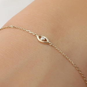 Kleine Diamant Lucky Eye Armband, 14k Solid Gold, Diamant Evil Eye, Zierliche Goldarmband, 14k Weiß, Rose, Gelb, Mini Evil Eye, Lucinda