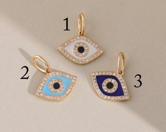 14K Solid Gold Evil Eye Charm, Diamond Pendant, Lucky Eye Necklace Charm, Enamel Evil Eye, Solid Gold Pendant, Charm, Charm Only, Lucinda