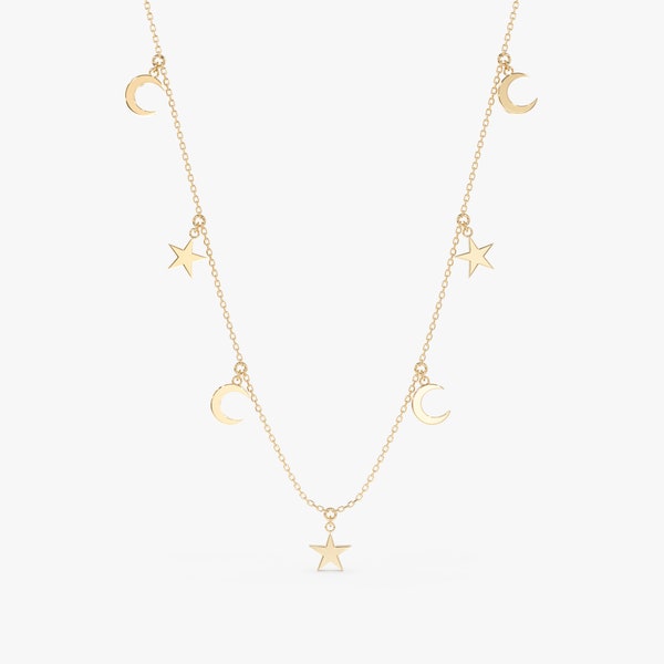 14k Gold Moon and Star Necklace, Dangly Choker, Celestial Plain Jewelry 18k Moon and Star Layering Necklace, Everyday Fine Jewelry, Mae