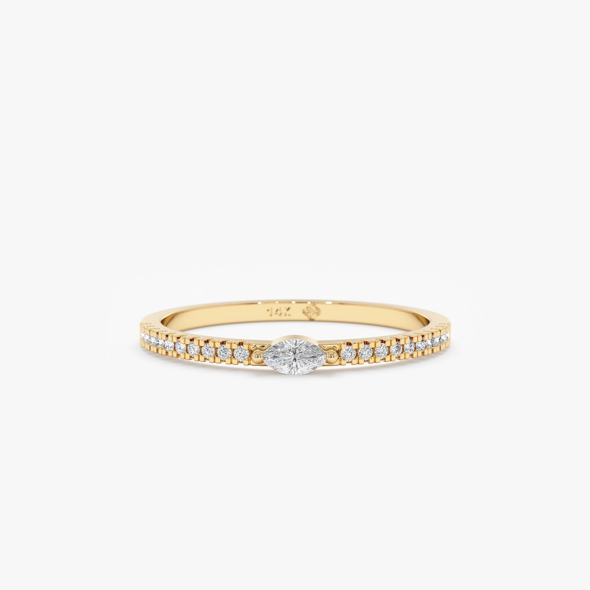 14k Diamond Ring, Natural Diamond Marquise Half Eternity, Stackable Dainty Wedding Ring, 14K Rose, White, Yellow, Gift For Her, Marcia