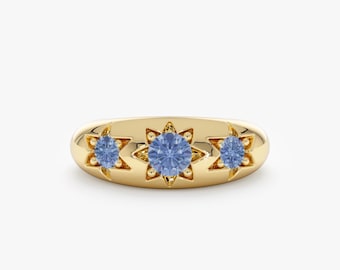 14k Gold Sapphire Starburst Ring, Natural Sapphire, Handmade Jewelry, Saanvi