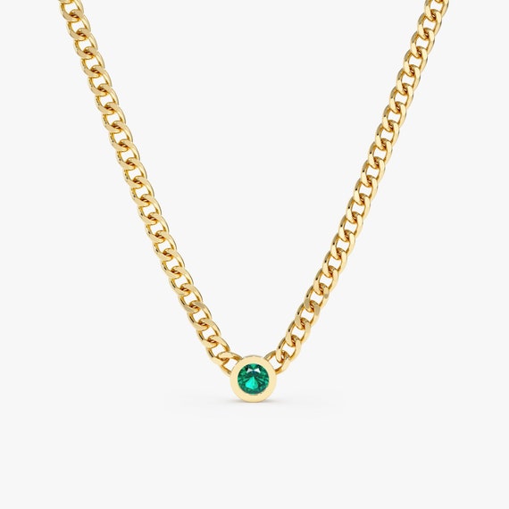 Emerald Solitaire Necklace, 14k Gold Cuban Chain, Curb Chain Choker, May Birthstone, Genuine Real Emeralds, Bezel Set Gemstone, Salma