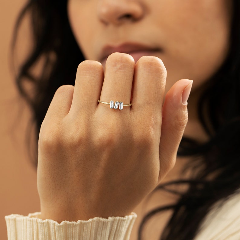 ethically sourced mini baguette cut dimonds in solid 14k or 18k gold rings