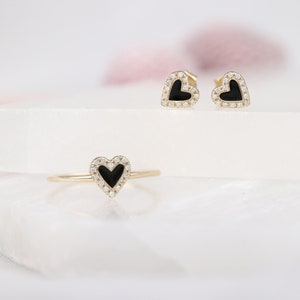 Diamond Heart Earrings, Black Enamel, Dainty Diamond Earrings, 14k Solid Rose, White or Yellow Gold, Diamond Earrings, Sarah Elise image 6