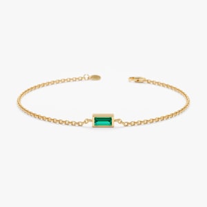14k Emerald Bracelet, Baguette Natural Green Emerald with Bezel Setting, May Birthstone, Birthstone Jewelry, 14k Dainty Bracelet, Teresa