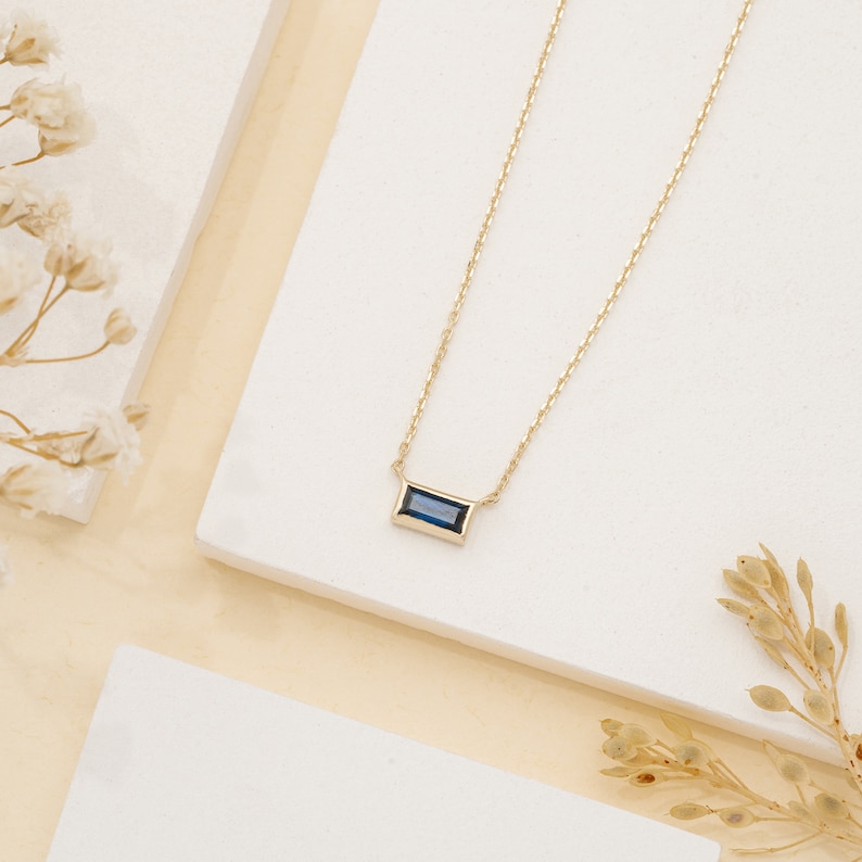 14k Solid Gold Sapphire Necklace, Baguette Necklace, Small Sapphire Necklace, Blue Sapphire, 14k Rose, White, Yellow Gold, Teresa image 4