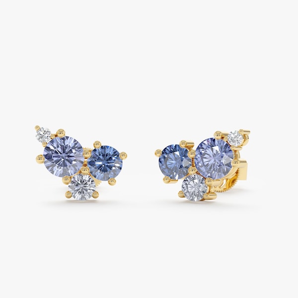 Natural Sapphire and Diamond Stud Earrings, Solid Gold Blue Gem Studs, Unique Cluster Sapphire Earrings, September Birthstone, Vesira