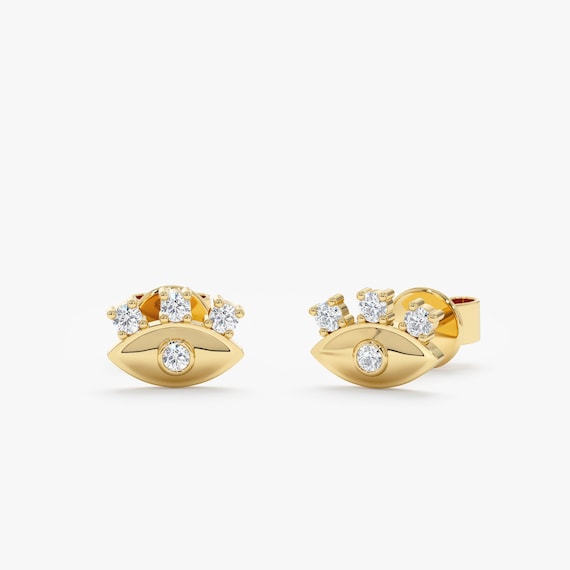 14k Solid Gold Evil Eye Earrings, Diamond Studs, Protection Earrings, Small Evil Eye Earrings, Birthday Gift For Mom, For Luck, Lucinda