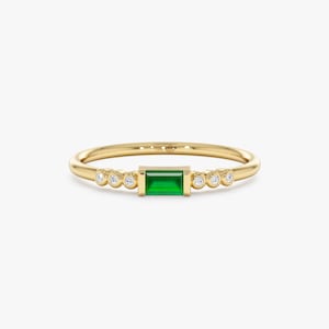 Emerald Ring, 14k Emerald Engagement Ring, Natural Diamond Stacking Ring, Genuine Emerald Ring, Baguette Emerald Ring, Minimalist, Cecilia