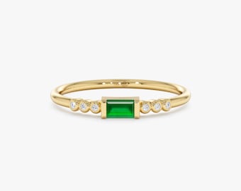 Emerald Ring, 14k Emerald Engagement Ring, Natural Diamond Stacking Ring, Genuine Emerald Ring, Baguette Emerald Ring, Minimalist, Cecilia