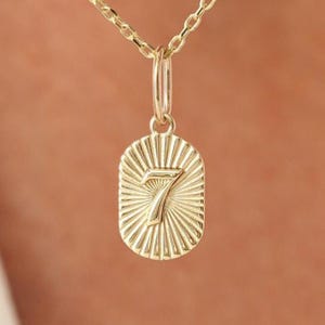 Puede incluir: Collar con colgante dorado con el número 7. El colgante tiene forma rectangular con un diseño de rayos de sol alrededor del número. La cadena también es dorada.