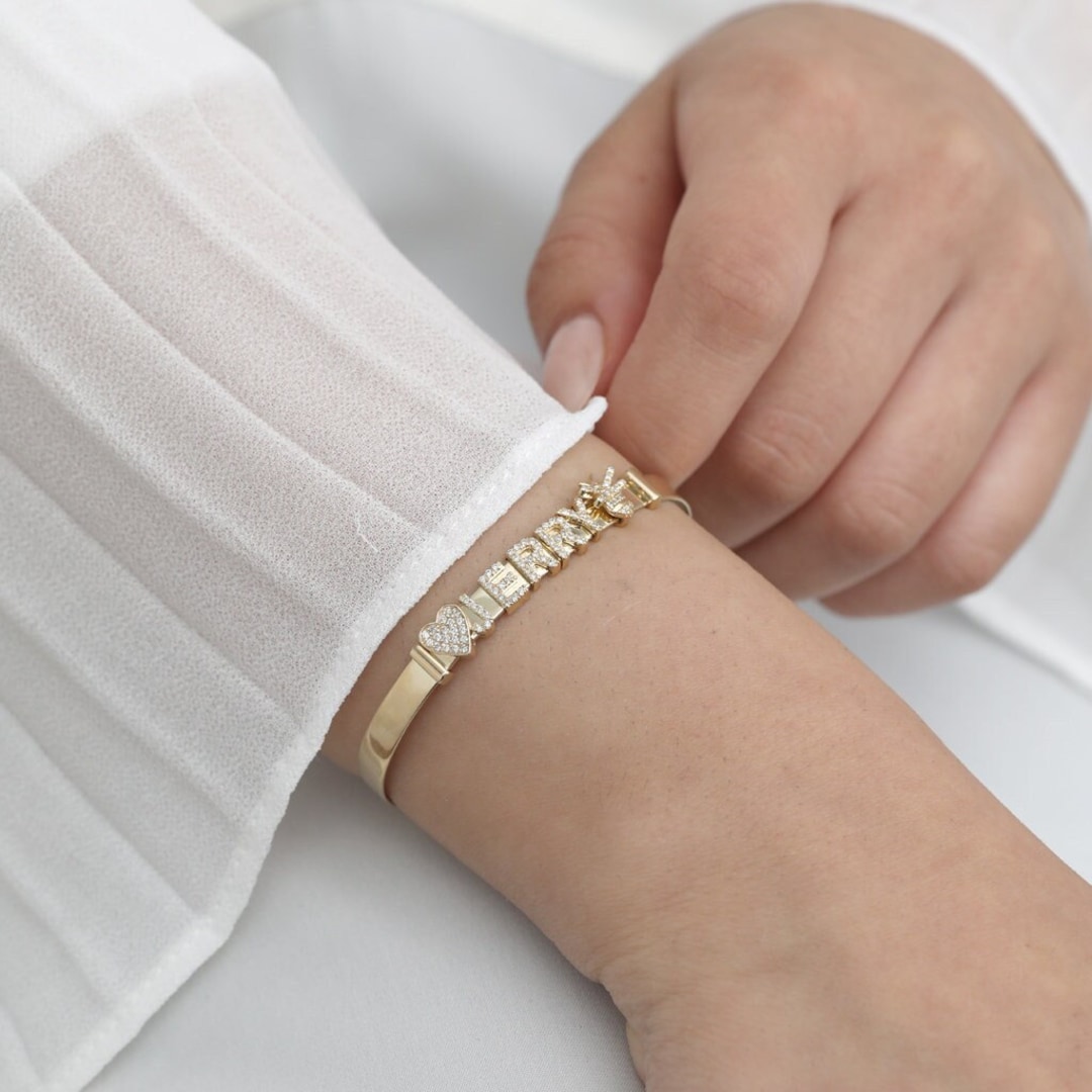 14k Gold and Diamond Sliding Charm Bangle 4.5 mm wide Etsy 日本